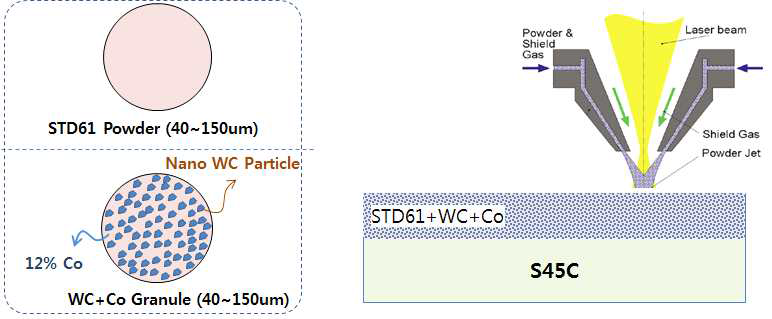 프린팅에 사용된 STD61분말과 WC+12%Co 분말, 복합 프린팅 개념도