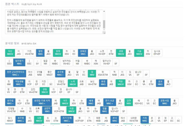 의 문장이 형태소 분석된 시각화 화면