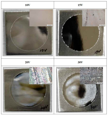 전압에 따른 전해연마 사진. HClO4:C2H6O=1:4 (1)10V, (2)15V, (3)20V, (4)30V