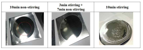 교반시간에 따른 전해연마의 영향. HClO4:C2H6O=1:4, 10℃, 10V, (1)교반10분, (2)초기 3분만 교반, (3)무교반