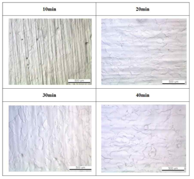 전해연마 시간에 따른 영향, HClO4:C2H6O=1:4, 10℃, 10V, (1)10min, (2)20min, (3)30min, (4)40min