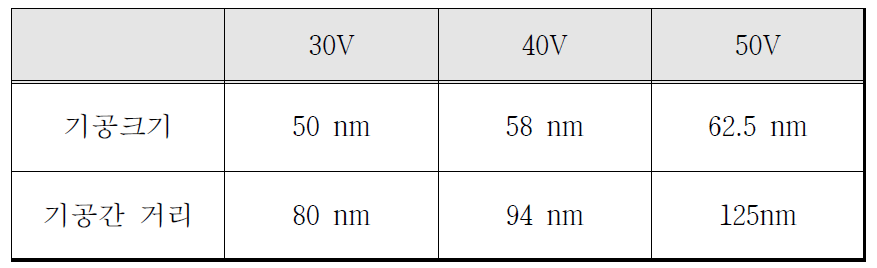 인가전압에 따른 AAO 기공 및 기공간의 거리