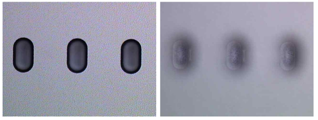 SiC 식각이 완료된 모습. 현미경 초점을 웨이퍼 표면에 맞춘 사진(좌) 과 비아홀 안쪽에 맞춘 사진 (우)