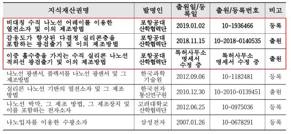 관련 기술/제품의 국내 주요 특허현황(참여기관 포함)