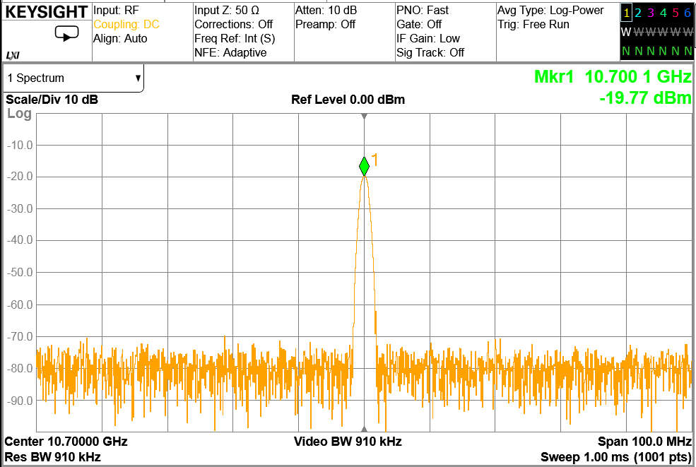 주파수 10.7 GHz lock 출력 전력 스펙트럼 파형