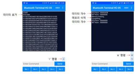 블루투스 통신에서의 데이터 읽기 명령(좌)과 메모리 삭제 명령(우)