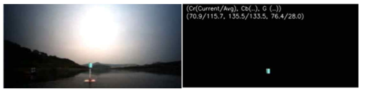 수상 발광 부유체 탐지 결과: (a) 카메라 영상; (b) 발광 부유체의 색상 영역