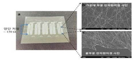 은(Ag) 나노와이어 기반 전극[a], 전극의 전자 현미경 사진[b, c]