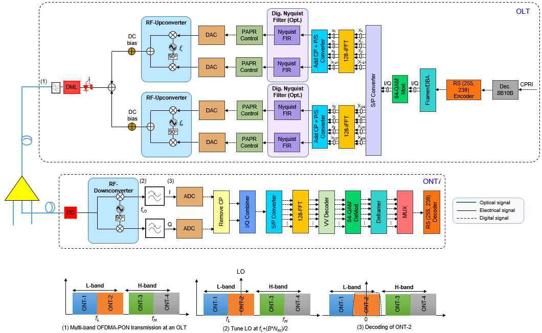 Proposed OFDMA-PON C-RAN architecture for 40 Gb/s downstream transmission. In the figure, the blue and black solid lines respectively show optical and electrical analog signals, while the dashed lines represent digital electrical signals