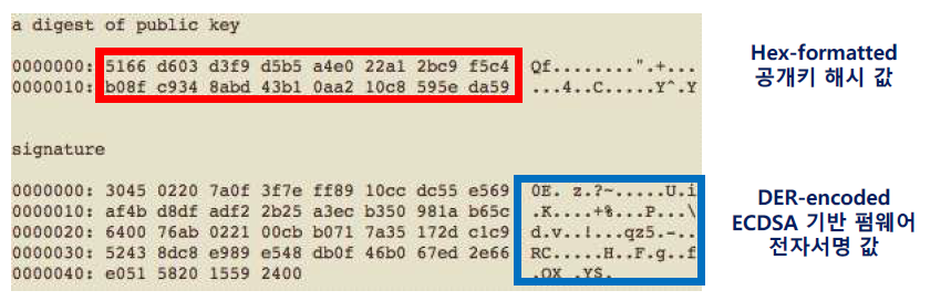 HEX 및 DER 규격의 공개 키 해시 값 및 전자서명 값