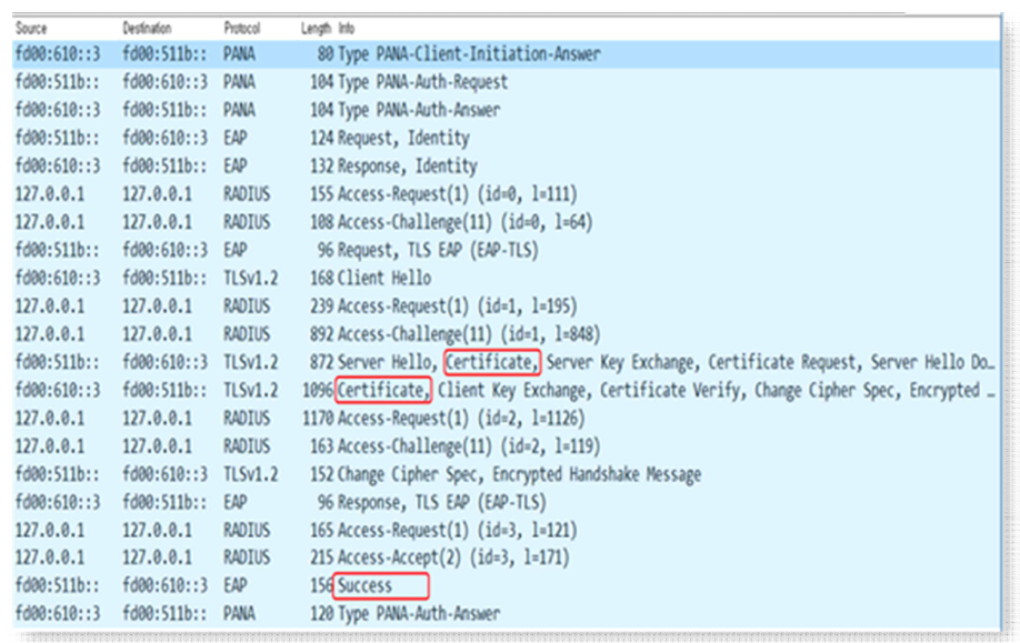 PANA 프로토콜 실행내용의 패킷 캡쳐 결과