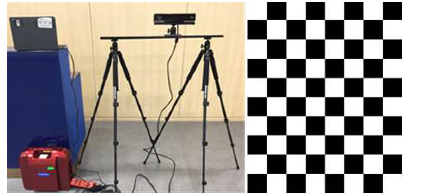 Kinect v2 컬러-깊이 영상 registration을 위해 사용된 삼각대와 체스판