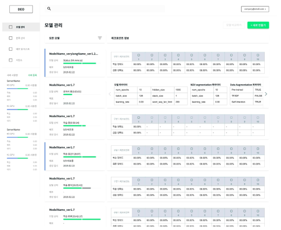 DEO, 전처리, 학습 중인 모델 리스트 관리 화면 예시