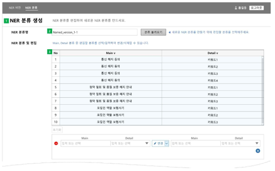 사용자 기준의 개체명 분류 입력 화면