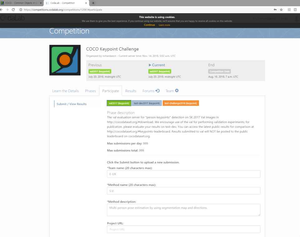 정확도 평가를 위해 MSCOCO에서 제공하는 서버 홈페이지 화면