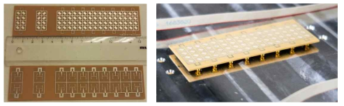 Photograph of the prototype antenna array. (Left) Antenna array with testing subarray. (Right) Antenna mounted on the EU platform