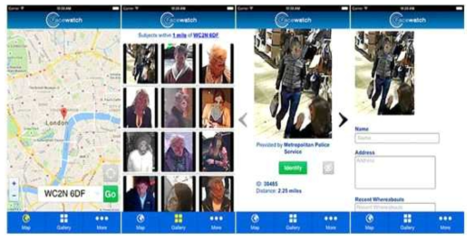 Facewatch ID mobile app. 위치정보 또는 우편번호를 이용하여 인근 지역의 용의자 정보를 제공