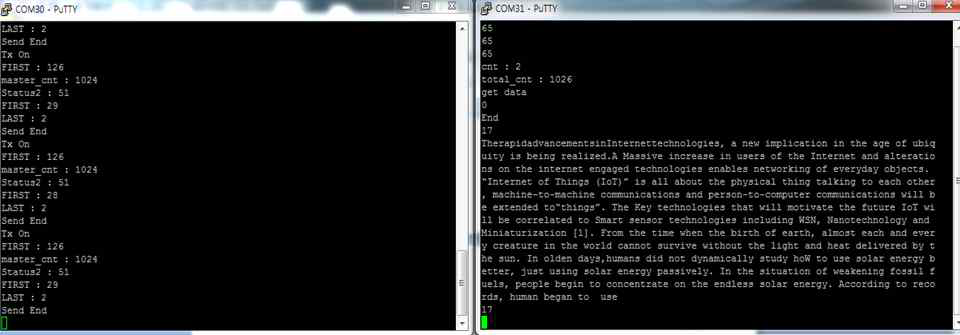 데이터 전송 후 시리얼 모니터 창으로 확인함. 송신기 제어 창(좌측) 및 수신기 제어 창(우측)