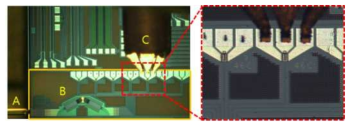 왼쪽 사진은 측정중인 집적화 광 수신기 A:광섬유 렌즈, B:집적화 광수신기, C:전기 프로브, 오른쪽 사진은 부분 확대