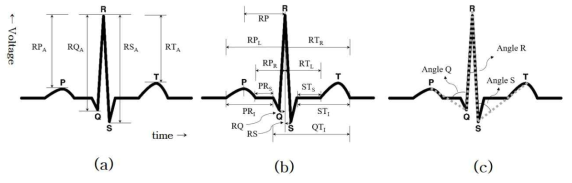 심전도 생체신호 파형 및 개인인증에 사용되는 생체신호 특징값 (a) 진폭 특징값, (b) 구간 특징값, (c) 각도 특징값