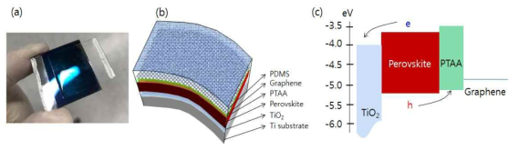 제조됭 유연광전소자(a), 구조(b), 에너지준위(c)