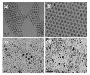 TEM images of (a) CdSe nanocrystal, (b) PbS nanocrystal, (c) Ag nanoparticle, (d) NiO nanocrystal