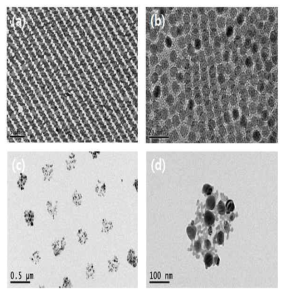 (a) nanotranferred PbS superlattice nanopattern, (b) its magnification, (c) nanotranferred Ag-CdSe nanocluster pattern, (d) its magnifications