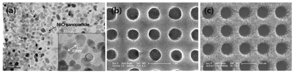 (a) TEM image of NiO nanoparticle, and (b,c) SEM images of direct nanoimprinted NiO nanostructure