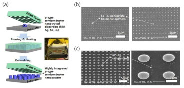 유연반도체 소재 3차원 나노구조 공정 모식도 및 (b) Sb2Te3, (c) NiO-Ag 집적화 공정 결과