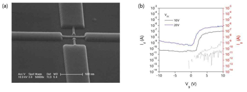 실제로 제작한 소자의 (a) SEM 이미지, (b) Transfer 특성 곡선
