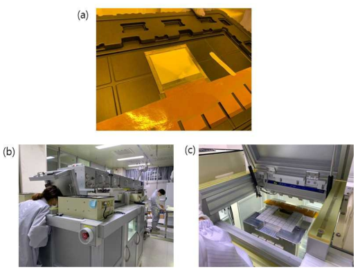 (a) Cover PET film을 부착한 flexible OLED 패널 사진 (b) LLO 장비 (c) LLO 장비에 패널이 로딩된 모습