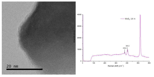 광조사를 이용한 상온 MoS2 합성샘플의 HR-TEM 및 Raman 분석결과