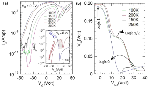 BP/2H-MoTe2 이종접합의 온도에 따른 로직 퍼포먼스 (a)BP/2H-MoTe2 이종 접합 FET의 온도에 따른 전달 특성;(b)공급전압 0.2 V에서 로직 소자의 온도 의존적 특성