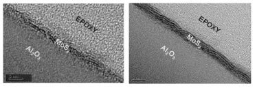 Mo 1, 2 nm 박막을 황화하여 형성한 MoS2 박막의 단면 TEM 사진