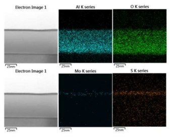 S-cracker로 황화, 제조한 MoS2 (Mo 금속 두께 2 nm)의 단면 EDX 분석 결과