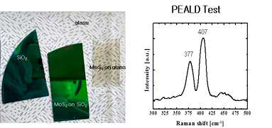 PEALD를 이용하여 증착한 MoS2 의 사진과 Ar+H2 gas 분위기, 800 ℃, 30분 열처리 후 얻은 Raman spectrum