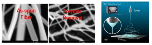 ES 방법으로 형성한 fiber와 열처리로 polymer 성분을 제거한 후의 형상(좌)과 ES 방법의 개념도(우)