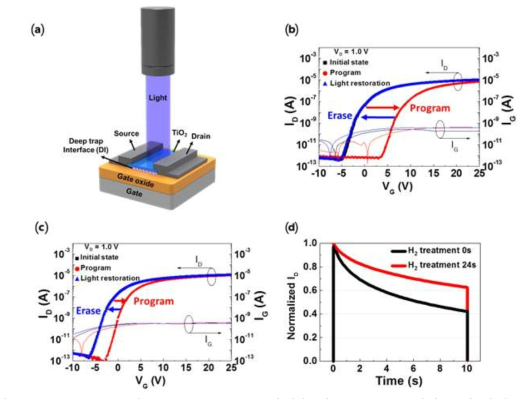 (a) TiO2 FET의 구조 (b) light를 조사했을 때 biased state에서 초기 상태로 회복되는 VG-ID Transfer 특성 곡선 (c) TiO2/Al2O3 계면에 수소 플라즈마 처리를 하여 shallow trap을 제거한 후의 VG-ID Transfer 특성 곡선 (d) 수소 플라즈마 처리 효과를 보여주는 시간에 따른 ID의 안정성 곡선