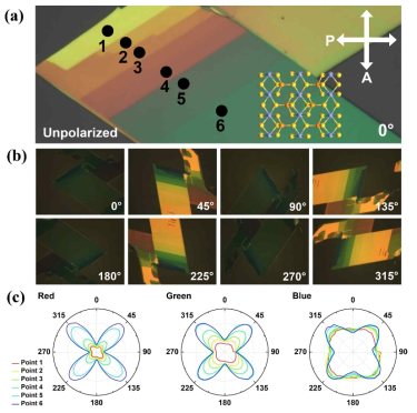 편광현미경을 사용한 물성 연구 (a) 편광을 이용하지 않고 관찰한 현미경 사진, (b) CrPS4의 편광 현미경 사진, (c) (a)그림 상에 표시된 1-6 부분에서 적색, 녹색, 청색 편광의 각도 의존성