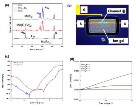 (a) 본 연구에서 제조한 MoS2(1-x)Se2x 박막의 Raman scattering spectrum을 MoS2와 MoSe2 spectra와 비교;(b) MoS2(1-x)Se2x를 채널층으로 하여 제조한 FET의 평면구조; (b)의 소자를 측정한 (c) transfer curve 와 (d) output curve