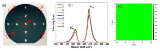 (a) 6인치 웨이퍼 상에서 AFM height profiling을 한 위치와 Raman 분석을 한 위치를 표시한 사진 (b) (a)의 각 위치에서 얻은 Raman spectra (c) 10μm x 10μm 크기의 미소영역에서의 Raman peak(407 cm-1)의 intensity map