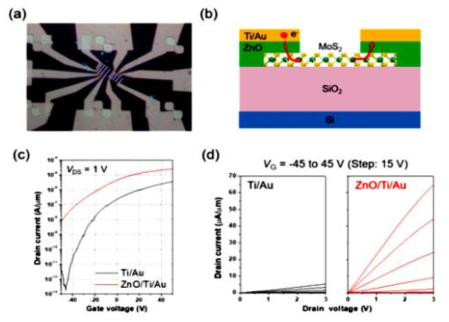 ZnO 터널링 층이 삽입된 MoS2 TFT 소자의 (a) 광학현미경 사진, (b) 단면 구조도, (c,d) I-V 곡선