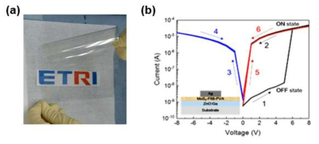 (a) 2D MoS2 nanosheet-polyvinyl alcohol(PVA) 복합체를 플라스틱 기판 위에 바코팅한 후 투명도를 보여주는 사진(b) 해당 복합체를 spin-coating 하여 제조한 WORM 메모리 소자의 동작 특성 곡선