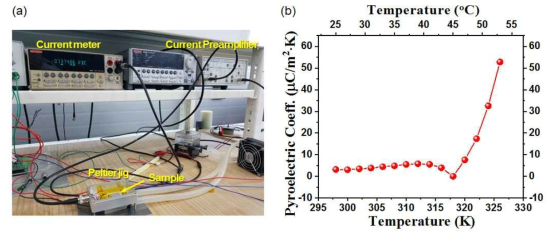 (a) 압전 나노복합체 온도감지 특성 평가를 위한 평가환경 구축 및 (b) 0.06 wt.% CNT가 첨가된 압전 나노복합체의 온도감지계수(p) 특성 결과
