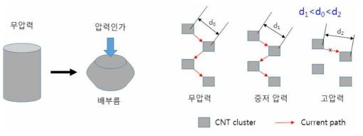 압력에 따른 시료 형상 및 전류 path 변화, (a) 압력에 따른 센서 형상 변화, (b) 압력에 따른 센서 내부 CNT 클러스터 분포