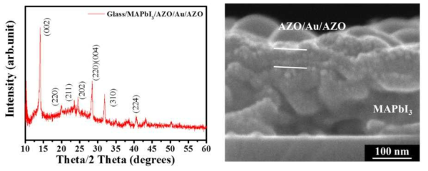 MAPbI3 박막 위에 증착된 AZO/Au/AZO 다층 산화물 전극 공정 후의 (좌) XRD 및 (우) SEM 이미지