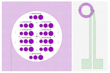 제작된 포토-마스크 레이아웃 4 개 모두를 겹쳐서 보인 모습(좌)과 하나의 surface coil 소자의 확대 이미지(우)