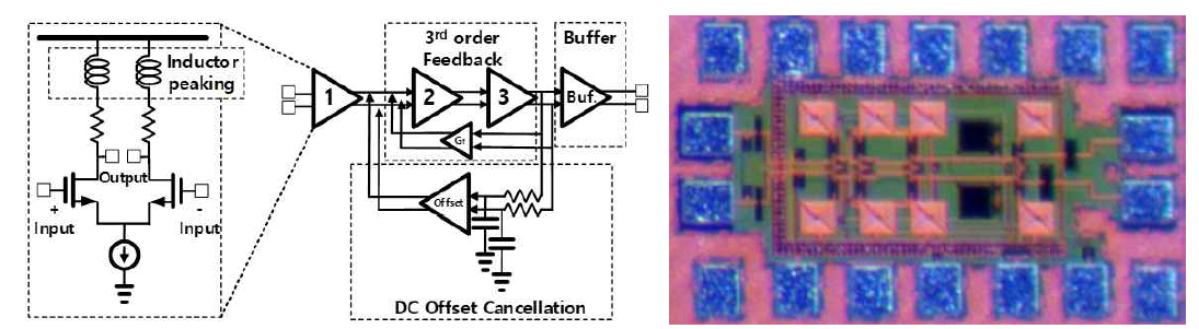 기저대역 증폭기 의 회로도(좌), 제작된 칩 사진(우)
