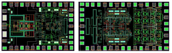 설계된 송신기의 레이아웃 I/Q 모듈레이터(좌) 편파제어 회로(우)