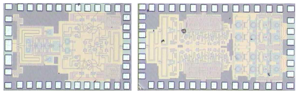제작된 칩 사진 I/Q 모듈레이터(좌), 편파제어 회로(우)